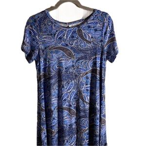 POPYOUNG Medium Women's Summer Short Sleeve Casual T-shirt Blue Paisley Dress